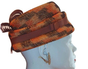 1960s Howard Hanlon Original orange and brown plaid hat with fancy grosgrain ribbon highlights