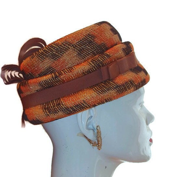 Chapeau à carreaux orange et marron original Howard Hanlon des années 1960 avec des reflets de ruban gros-grain fantaisie