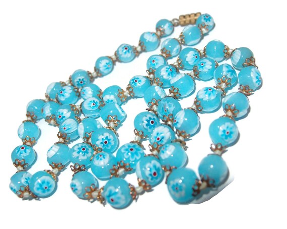 Unusual Blue Moretti Cane Glass Bead Necklace - image 2