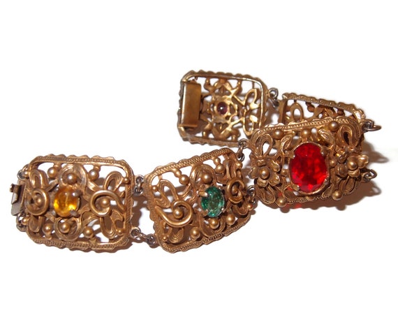 Multi-color Crystal Open Work Filigree Panel Brac… - image 1