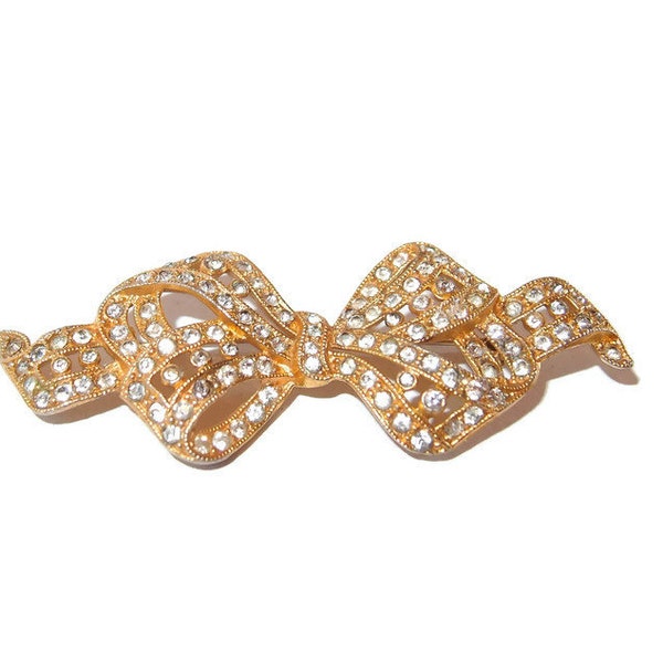 Gold vermeil bow pin with paved rhinestones