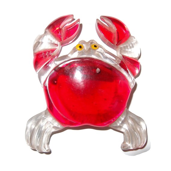 Lucite Crab Brooch Back Painted Red Yellow Eyes - 