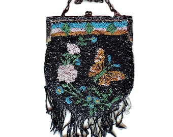 Medium Beaded Handbag with Pink Morning Glories and Butterfly
