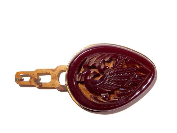 Dark Red Carved Bakelite Bird Clip - image 4