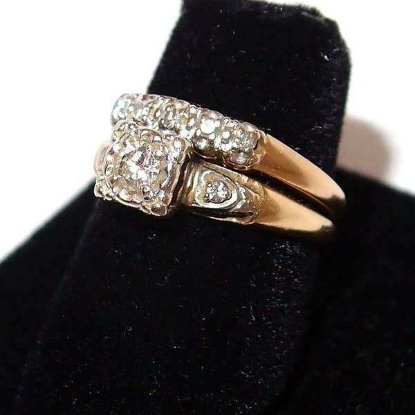 Sparkling Mine Cut Diamond 1940s Yellow Gold Wedding Ring Set