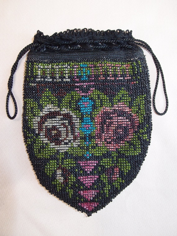 1800s Beaded Roses Draw String Handbag