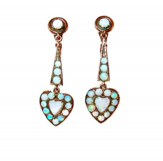 Edwardian 10kt gold opal heart drop earrings