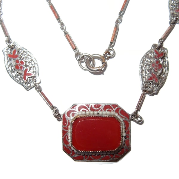 Art Deco Carnelian and Enameled Red Necklace