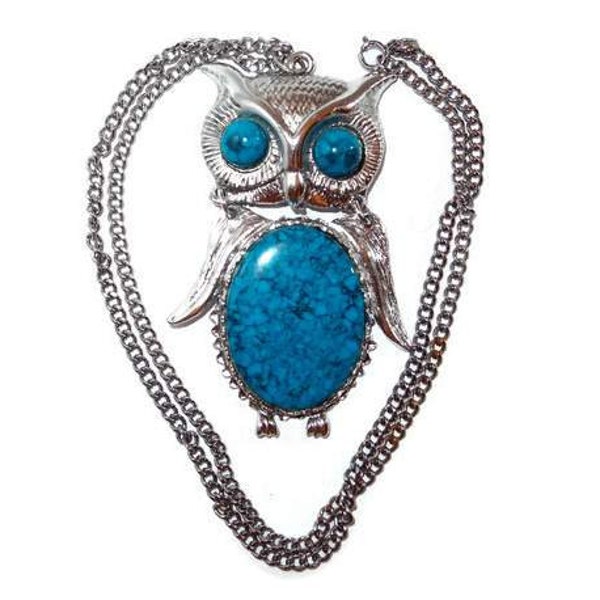 Collier pendentif hibou articulé en fausse turquoise