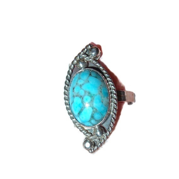 Sterling Mexico Turquoise Art Glass Ring size 5.25 - image 2