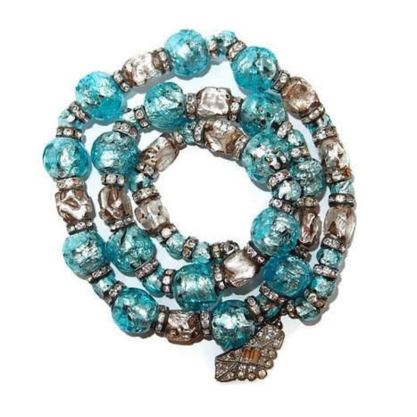 Foiled glass Gablonz bead necklace turquoise silver rondell bead necklace