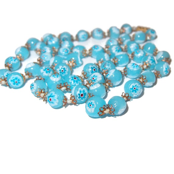 Unusual Blue Moretti Cane Glass Bead Necklace - image 1