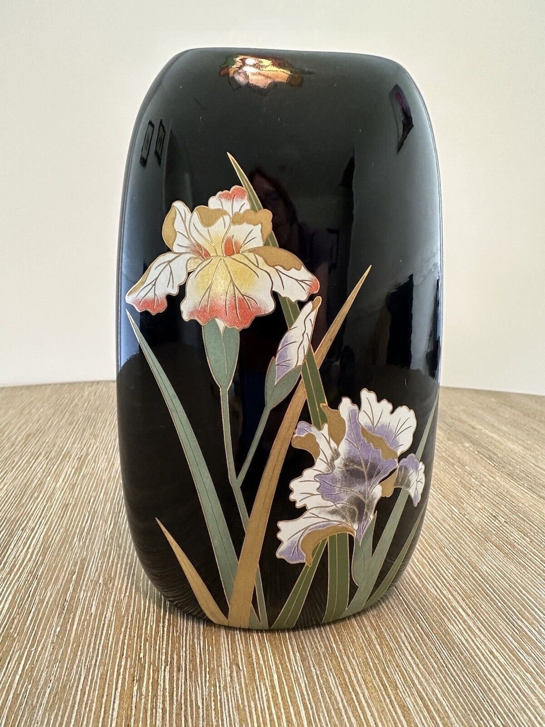 Vintage Crown Iris Otagiri Japan Vase Black Gold Trim Etsy
