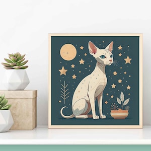 Sphynx Cat Art Print Mid-Century Modern Living Room Wall Decor