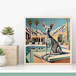 Sphynx Cat Art Print Mid-Century Modern Living Room Wall Decor