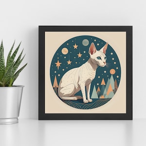Sphynx Cat Art Print Mid-Century Modern Living Room Wall Decor