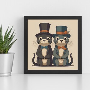 Otter Couple Wall Art Digital Print PNG Mid-Century Modern Living Room Decor