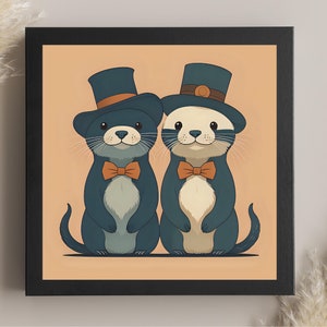Otter Couple Wall Art Digital Print PNG Mid-Century Modern Living Room Decor