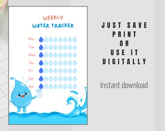 Weekly Water Tracker Digital Print | Track water intake, Kids water tracker, Blue and white water tracker, Monday - Sunday Water Recorder