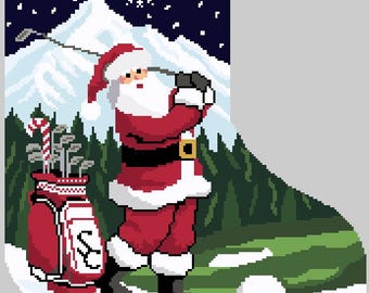 Golfing Santa Christmas Stocking Needlepoint Pattern (Stitch Guide)