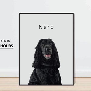 Może przedstawiać: Cyfrowa ilustracja czarno-biała czarnego psa z napisem "Nero" nad psem.