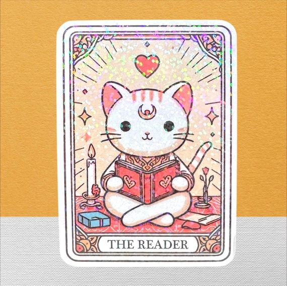 The Reader Tarot Card Sticker, Cat Tarot Card, Cute Sparkly Holographic Magical Cat, Book Stickers for tablets, Book lover, Bookworm Gifts