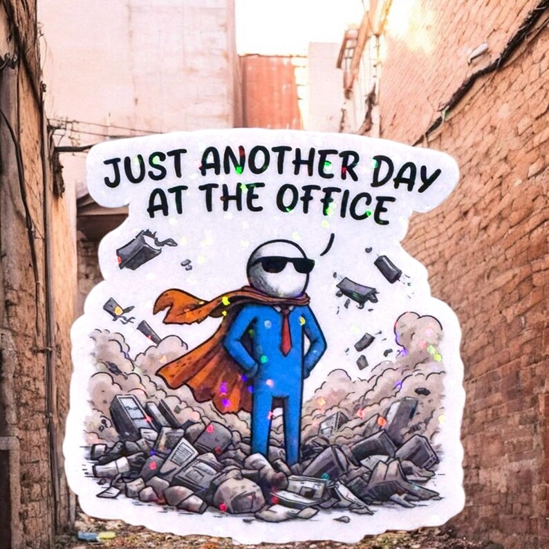 A rectangular vinyl sticker featuring a minimalist, retro-inspired design. The text reads "Just Another Day At The Office" in a bold, vintage-style serif font. Below the text is a simple line-art illustration of a traditional office building with a small flag on top. The sticker has a clean, white background with a thin black border, perfect for laptop or water bottle decoration.