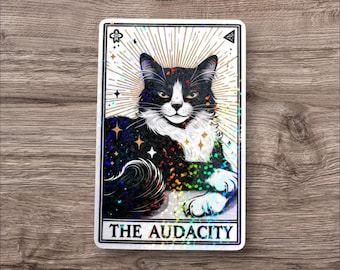 The Audacity Tarot Card Sparkly Holographic Sticker, Cat Audacity sticker, Laptop Tarot Card Decal, Mom Friend Gift, Witchy Cat Aesthetic