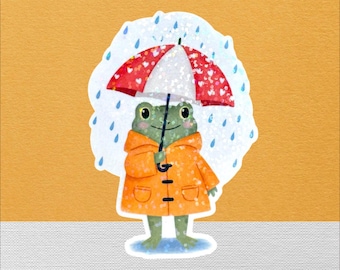 Cute Frog in Raincoat Sticker, Rainy Day Frog with Umbrella, Cottagecore Aesthetic, Weather Planner Sticker, Sparkly Holographic Sticker