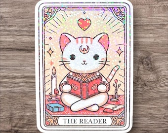 The reader tarot card cat sticker, tablet bookish sticker, Book lover gift, Bookish merch, Smut Reader, reading lover, e reader decal, gifts