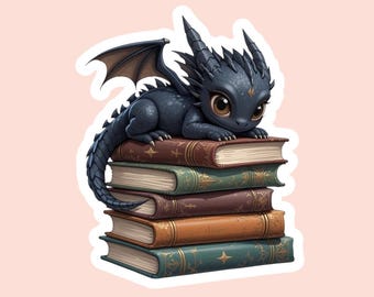 Black Baby Dragon Book Sticker, Cute Holographic Fantasy Sticker, Bookish Merch for Readers, E-Reader & Tablet Stickers, Booktok Accessories