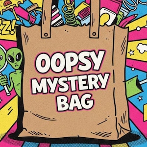 May include: A brown paper bag with the words "OOPSY MYSTERY BAG" in white and pink lettering. The bag is decorated with colorful cartoon illustrations and an alien character.