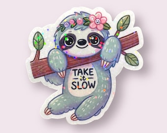 Take It Slow Cute Sloth Sticker, Inspirational Animal Decal, Adorable Sloth Hanging from Branch Sticker for Laptops, Notebooks Gifts Friends