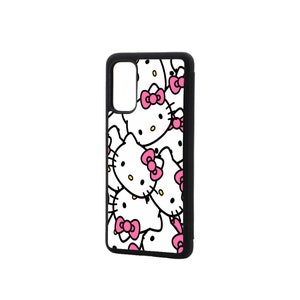 May include: Black phone case with a white background and a repeating pattern of Hello Kitty faces with pink bows.