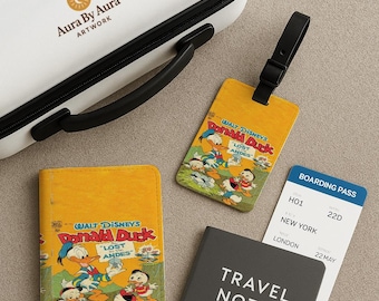 Set di portapassaporto e targhetta per bagaglio a fumetti retrò di Paperino perso nelle Ande