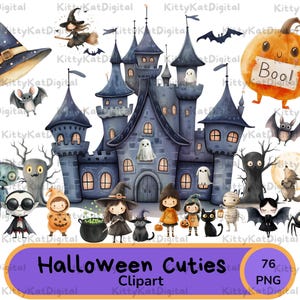 Halloween Cuties Clipart Bundle – 76 PNG Images – Cute Witch Ghost Pumpkin Cat Bat – Watercolor Halloween Sublimation Stickers Printable