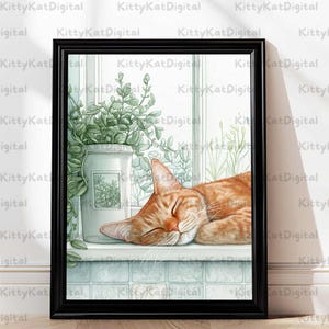 Sleeping Orange Cat Art Print: Cozy Window Sill Decor (Digital Download)
