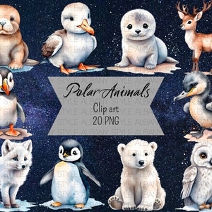 Watercolor Polar Animals Clipart: Nursery Art, Card Making (PNG, JPG)
