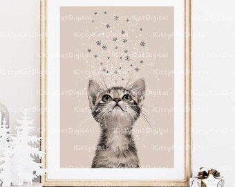 Snowflakes Cat Printable Wall Art – Grey Cat illustration, Home Decor, Digital Download