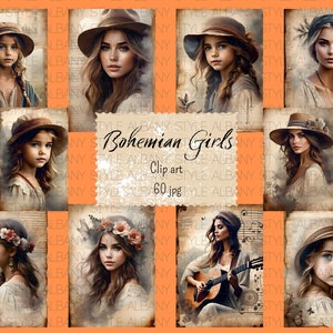 Boho Girls, vintage, digitale papieren, junk journal, kaarten maken, papierpakket, plakboekpapier, decoupagepapier