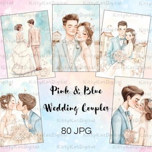 80 bruidsparen - illustraties bruid en bruidegom – JPG-set in zachte roze en blauwe tinten, scrapbooking & junkjournal, kaarten maken, POD