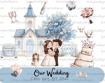 May include: A digital clip art set for wedding invitations, featuring a blue church, a couple, a wedding cake, a bouquet of flowers, and a blue and white wedding ring. The text "Our Wedding Clip art 67 PNG" is at the bottom of the image.