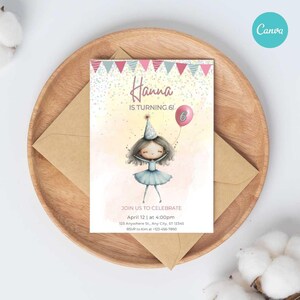 Bewerkbare verjaardagsuitnodiging meisje met ballon + gratis bedankkaart – direct digitaal downloaden