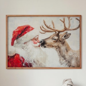 Santa Claus Reindeer Wall Art Print, Santa Kissing Reindeer, Forest Snowfall in Winter Printable Christmas Home Decor, Digital Download