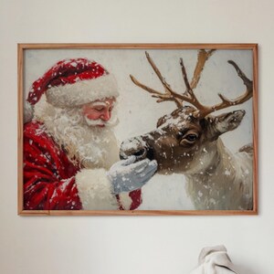 Santa Claus Reindeer Wall Art, Santa and Reindeer, Forest Snowfall in Winter Printable Christmas Home Decor, Christmas Wall Art Vintage