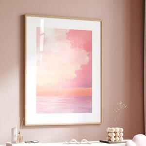 Rosa Ozean Sonnenuntergang Gemälde, Ozean Druck, Sommer Poster, Strand Haus Dekor, minimalistische druckbare Wandkunst, rosa Strand Dekor, Küstenwandkunst