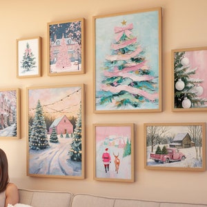 Preppy Christmas Wall Art Gallery Set | pink pastel Christmas print, trendy Christmas prints, pink Christmas decor, pastel Christmas art
