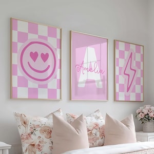 Set 0f 3 Smiley Girls Bedroom Prints, Custom Name Nursery Prints, Girl Nursery Decor, Checker Prints, Girls Wall Decor, Playroom Wall Art