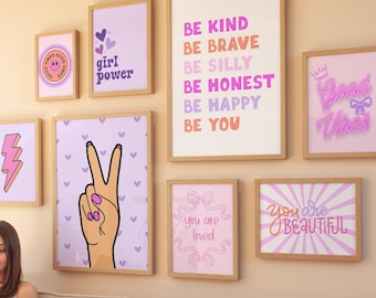 Good Vibes Decor Aesthetic Teen Room Decor Y2K Dorm Room Decor For Girls Pink and Purple Wall Art Set Of 14 Prints Teen Girl Room Decor