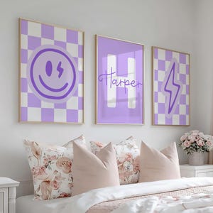Set 0f 3 Smiley Girls Bedroom Prints, Custom Name Nursery Prints, Girl Nursery Decor, Checker Prints, Girls Wall Decor, Playroom Wall Art